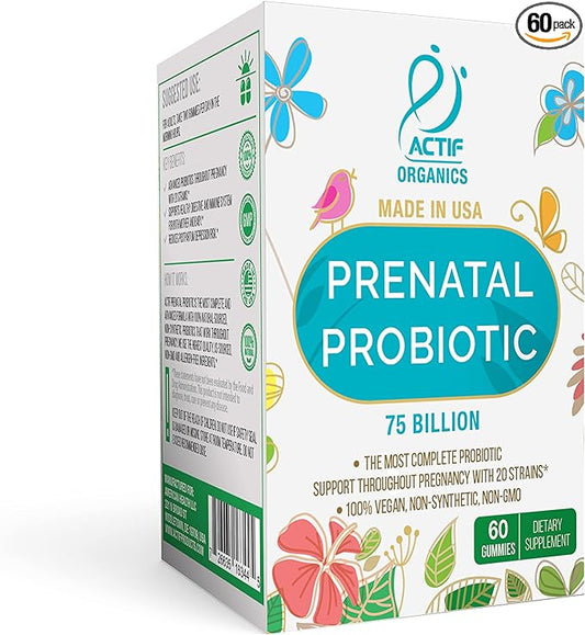 ACTIF Prenatal Probiotic Maximum Strength with 75 Billion CFU and 20 Strains, Immunity and Gut Support, Zero Nausea Formula - Made in The USA, 60 Gummies, Strawberry Flavor