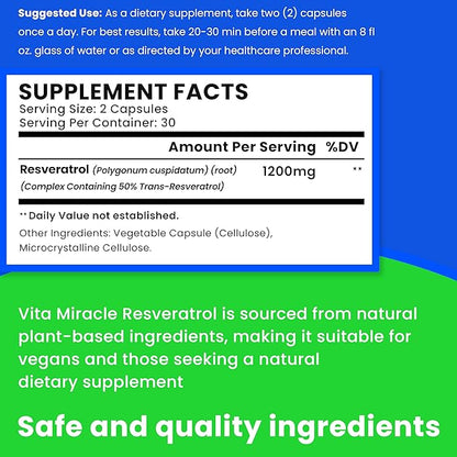 Resveratrol Supplement 1200mg High Potency - Organic Trans Resveratrol with Enhanced Absorption for Cellular and Cognitive Health Supplements - Non GMO Compare This 1200 mg to Others 500mg Or 1000mg