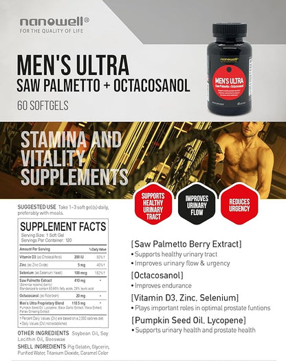 Men's Ultra Saw Palmetto + Octacosanol - 60 Softgels x 4 Bottles, Men Health, Dietary Supplement (240 Count)