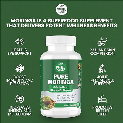 Moringa Capsules, 800mg Organic Moringa Oleifera Leaves Powder Superfood Greens Pure Moringa Pills is A Vegan, Non-GMO Energy Booster and Immune Support Supplement. (3)