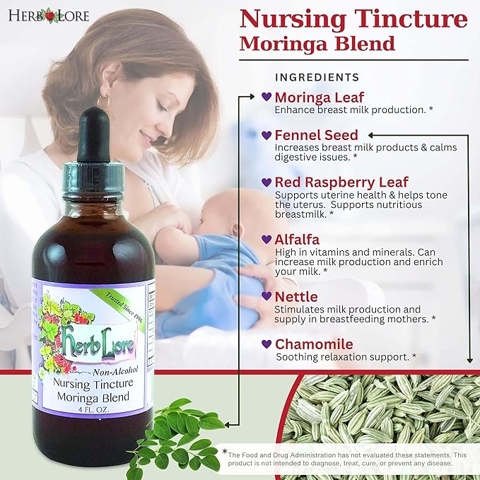 Herb Lore Nursing Tincture Moringa Blend - 4 fl oz - Liquid Lactation Support Supplement for Breastfeeding Mothers - Fenugreek Free Drops to Increase Breast Milk Supply - Breastmilk Production Booster