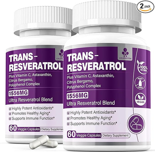 Resveratrol Supplement, Capsules Trans-Resveratrol + Vitamin C, 1556mg Complex w/Astaxanthin 6mg, Grape Seed, Red Wine, Citrus Bergamot, Potent Antioxidant for Cellular Health & Healthy Aging, 2-Pack