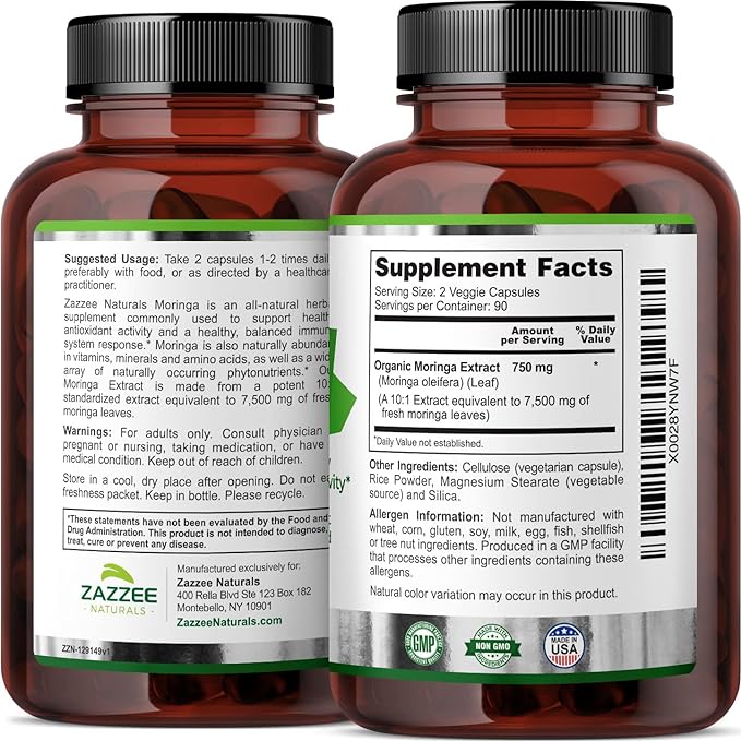 Zazzee Organic Moringa Oleifera Leaf 7500 mg Strength, 180 Vegan Capsules, 10:1 Extract, 100% Pure Superfood, Concentrated and Standardized 10X Leaf Extract, Vegetarian, All-Natural and Non-GMO