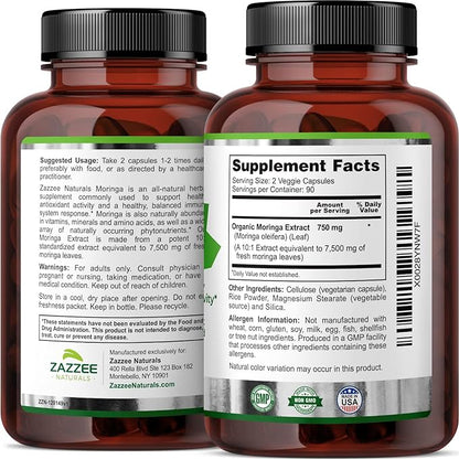 Zazzee Organic Moringa Oleifera Leaf 7500 mg Strength, 180 Vegan Capsules, 10:1 Extract, 100% Pure Superfood, Concentrated and Standardized 10X Leaf Extract, Vegetarian, All-Natural and Non-GMO