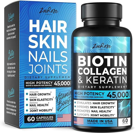 ZoeRose Biotin Collagen & Keratin Capsules - Hair, Skin and Nails Vitamins, Collagen Supplements for Hair Growth and Support Joints Mobility with Vitamin A,D, B6 and B12 - Made in USA - 60 Capsules