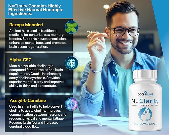 NuClarity - Premium Nootropic Brain Supplement - Focus, Energy, Memory Booster - Mental Clarity & Cognitive Support - Ginkgo Biloba, Bacopa Monnieri, Alpha-GPC, Phosphatidylserine, Rhodiola Rosea