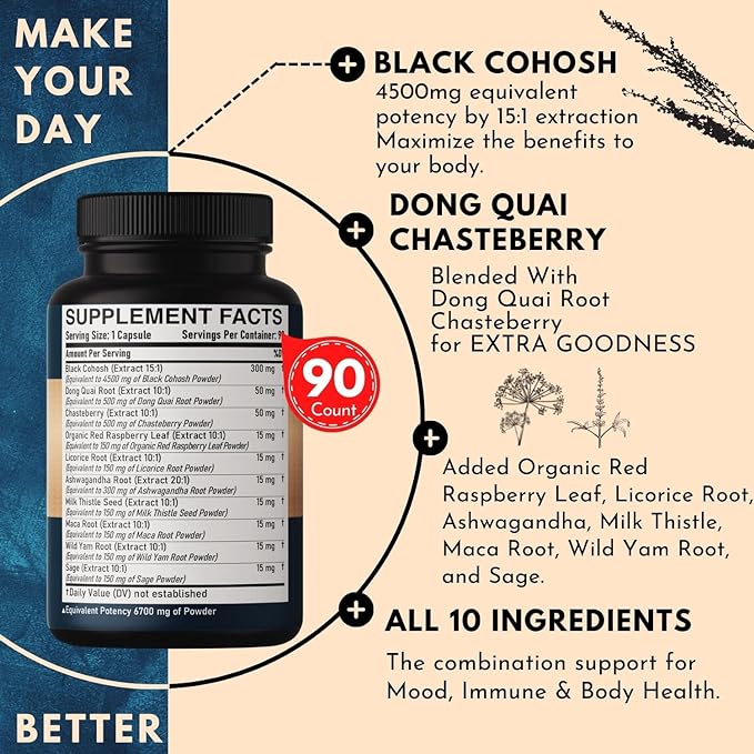 Black Cohosh Supplement 6700mg - 3 Months for Menopause & Immune Health - Blend of 12 Potent Herb includes Dong Quai, Chasteberry, Wild Yam, Red Clover, Black Pepper & others - 90 Vegan Capsules