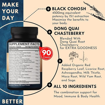 Black Cohosh Supplement 6700mg - 3 Months for Menopause & Immune Health - Blend of 12 Potent Herb includes Dong Quai, Chasteberry, Wild Yam, Red Clover, Black Pepper & others - 90 Vegan Capsules