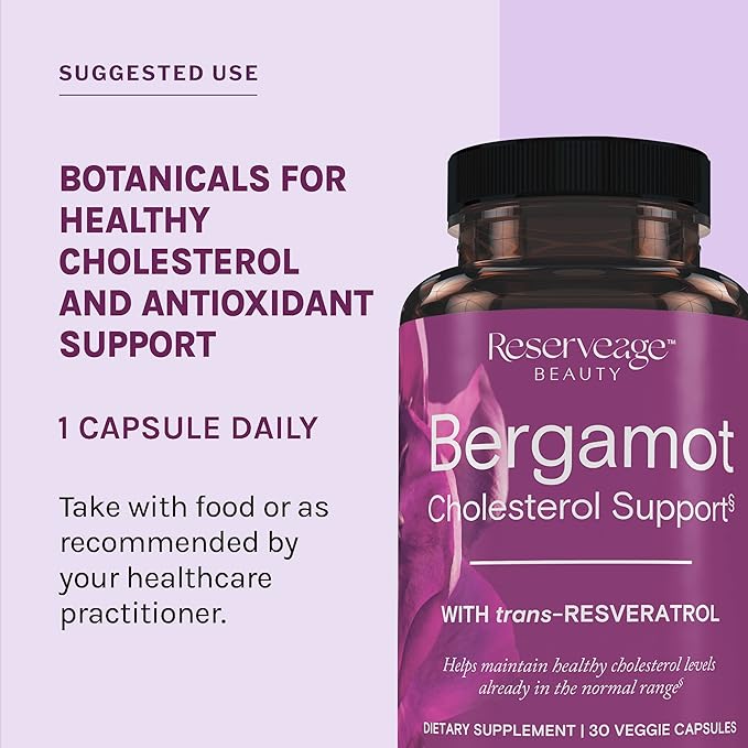 Reserveage Beauty, Bergamot Cholesterol Support with Resveratrol, Antioxidant Supplement for Cardiovascular Support & Heart Health, Vegan, 30 Capsules (30 Servings)