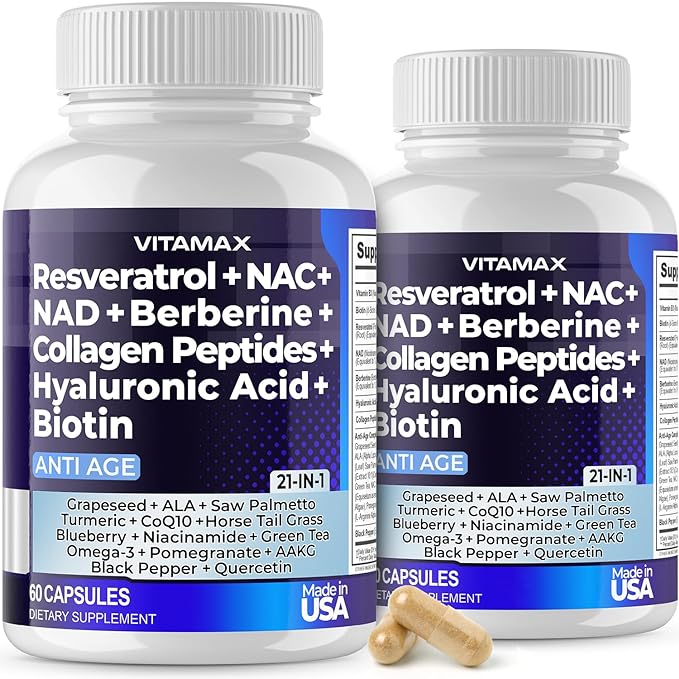 Vitamax Resveratrol NAD+ Berberine Hyaluronic Acid - Biotin Grape & Blueberry + NAC - Collagen Peptides - Hair, Nail, Skin & Joint Supplement - 21-in-1 Women and Men - Made in USA - 120 Count