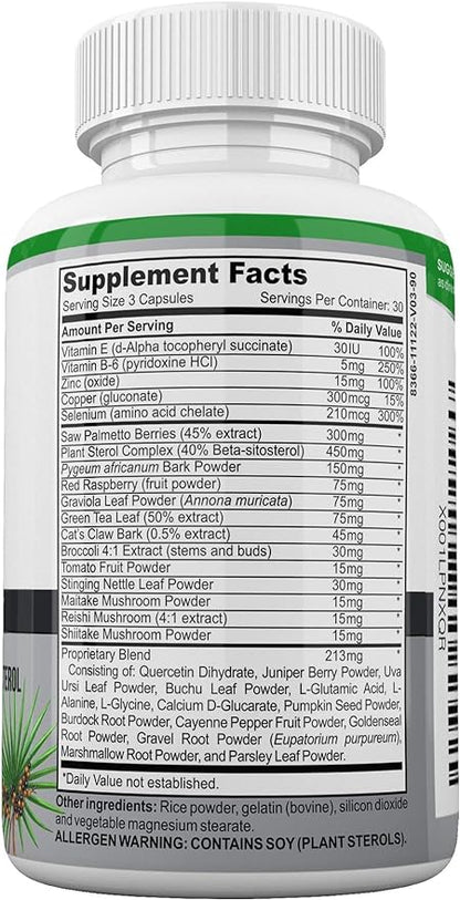 Prostate Complete Herbal Health Support Supplements for Men, Saw Palmetto Stinging Nettle Pygeum Beta-sitosterol Reishi Shiitake, 90 Count Capsule