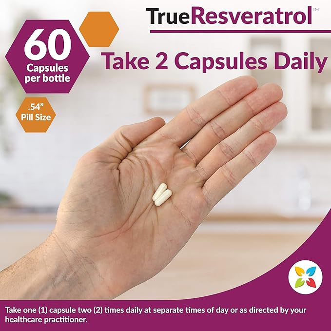 True-Resveratrol - 75mg of 98% Pure Veri-te | Trans-Resveratrol Antioxidants Supplement (60 Veggie Capsules) | Anti Aging Supplement | Immune, Bone, and Cognitive Support | Knotweed Free