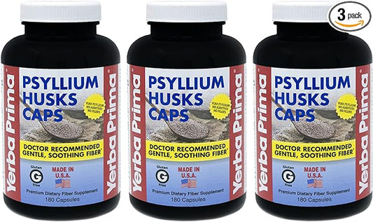 Yerba Prima Psyllium Husks Caps - 180 caps (Pack of 3) - Natural Fiber Supplement - Colon Cleansing - Non-GMO Gluten Free