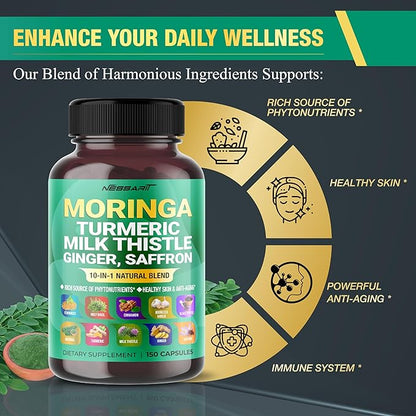 Moringa 18,000mg Supplement - 10-in-1 Natural Blend with Turmeric Milk Thistle Ginger Saffron Fenugreek Holy Basil Ceylon Cinnamon - 150 Count - Made & Tested in The USA