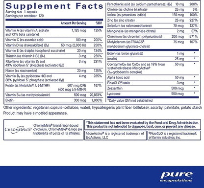 Pure Encapsulations O.N.E. Multivitamin - Once Daily Multivitamin with Antioxidant Complex Metafolin, CoQ10, and Lutein to Support Vision, Cognitive Function, and Cellular Health* - 120 Capsules