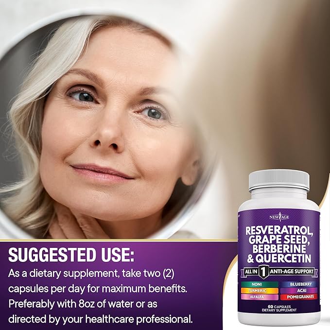 NEW AGE Resveratrol 6000mg Berberine 3000mg Grape Seed Extract 3000mg Quercetin 4000mg - Polyphenol Supplement for Women and Men with Noni Extract, N-Acetyl Cysteine, Acai Extract - 120 Capsules