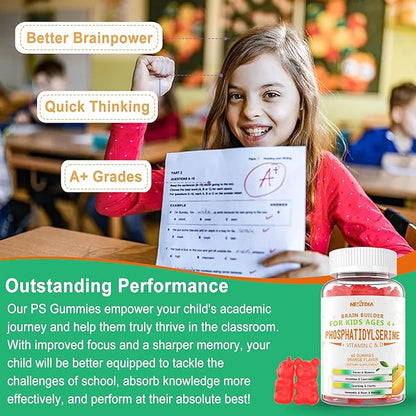 Phosphatidylserine Supplement for kids, Brain Focus Gummies, Phosphatidylserine 100mg + Vitamin D3 400IU, Vitamin C for Memory, Attention, Cognition, Bone & Immune Support, Tasty Orange Flavor, 120Cts