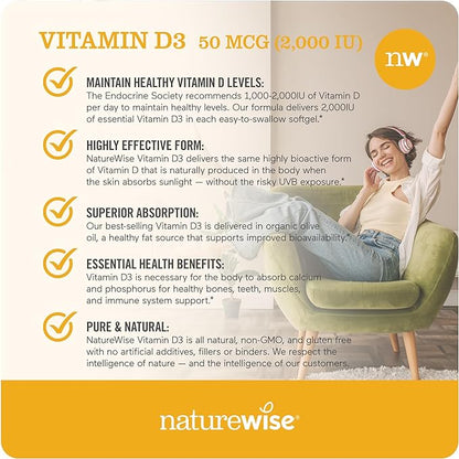 NatureWise Vitamin D3 2000iu (50 mcg) Healthy Muscle Function, and Immune Support, Non-GMO, Gluten Free in Cold-Pressed Olive Oil, Packaging Vary ( Mini Softgel), 360 Count(Pack of 1)