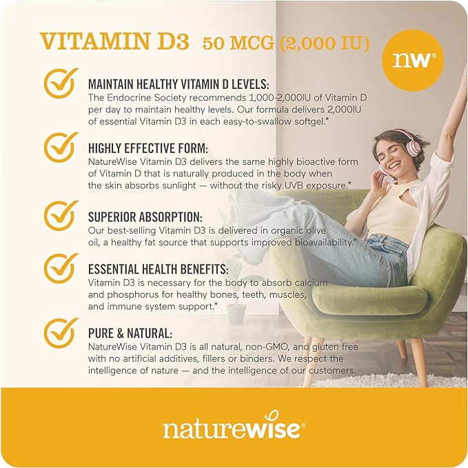 NatureWise Vitamin D3 2000iu (50 mcg) Healthy Muscle Function, and Immune Support, Non-GMO, Gluten Free in Cold-Pressed Olive Oil, Packaging Vary (Mini Softgel), 200 Count