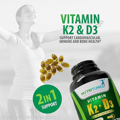 Vitamin K2 + D3 (120 Softgels) - Vitamin D3 K2 Supplement - Supports Cardiovascular & Bone Health - Non-GMO - Allergen-Free - 120 Softgels