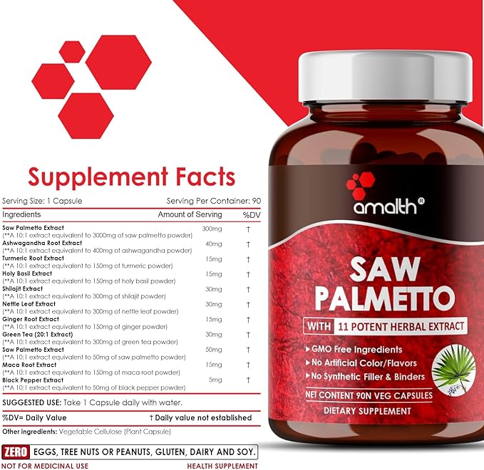 Premium Saw Palmetto Capsule-5750 mg Extra Strength Formulated with Ashwagandha, Tribulus, Ginger, Maca, Holy Basil and More Natural Prostate Support, 90 Capsule