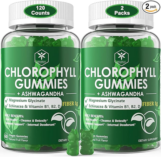 Chlorophyll Fiber Gummies 200mg +Ashwagandha, with Magnesium Glycinate, Echinacea, Vitamin D B1 B2 for Internal Deodorant, Comfort Digestion, Healthy Skin, Metabolism Support, Fresh Body Odor, 2 Packs