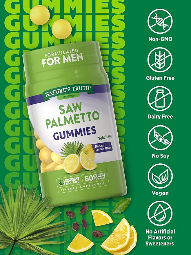 Nature's Truth Saw Palmetto Gummies | 60 Count | Vegan, Non-GMO & Gluten Free Extract | Lemon Flavor | Formulated for Men