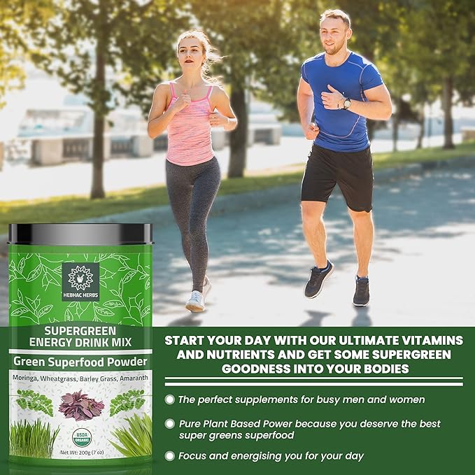 Organic Super Green Energy Drink Mix 200g (7 oz) Moringa Powder, Wheat Grass Powder, Barley Grass Powder, Amaranth Powder, Greens Superfood Detox Powder, Natural Energy Drink Mix 200g