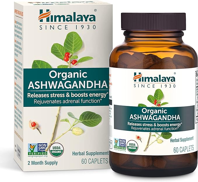 Himalaya Organic Ashwagandha, 60 Day Supply, Herbal Supplement for Stress Relief, Energy Support, Occasional Sleeplessness, Organic, Non-GMO, Vegan, Gluten Free, 670 mg, 60 Caplets