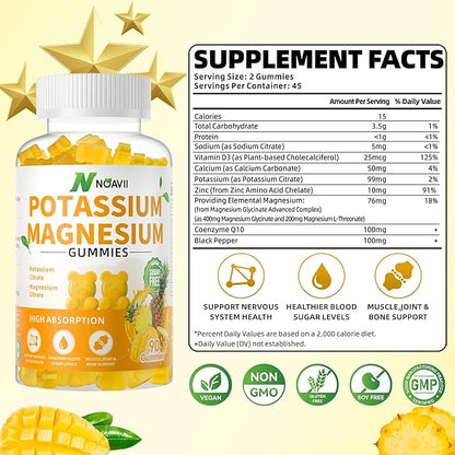 Potassium Magnesium Gummies, New Formula Calm Magnesium Glycinate Gummies, Chewable Gummy Supplements for Leg Cramps & Muscle, Pineapple Flavor 90 Count