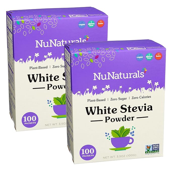 NuNaturals White Stevia Powder Packets, Single-Serve, Zero Calorie Sugar Substitute, 100 count (Pack of 2)