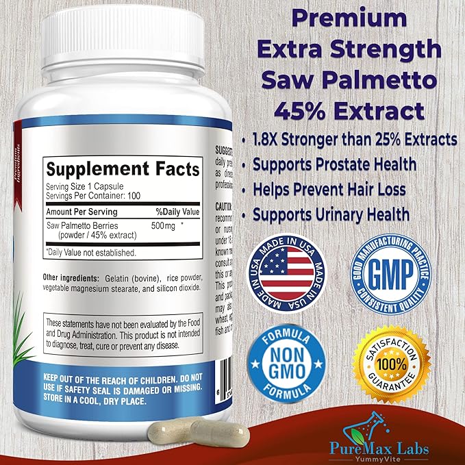 Extra Strength Saw Palmetto - 45% Extract Prostate Supplement, Decrease Frequent Urination, DHT Blocker for Hair Growth, Non-GMO, 100 Capsules