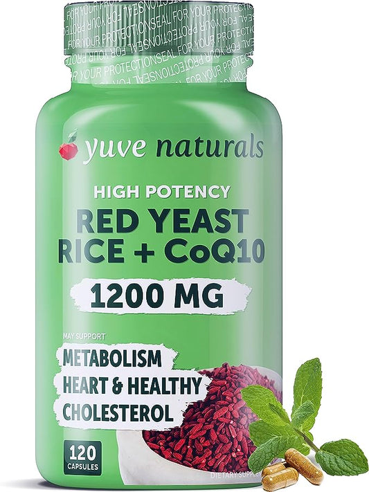 Red Yeast Rice 1200 mg Capsules with CoQ10 – Maintain Healthy Cholesterol Levels, Herbal Heart Health Vegan Red Yeast Rice Supplement - Red Rice Yeast with CoQ10 for Women & Men - 120 Ct