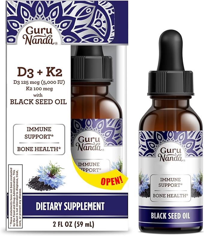 GuruNanda Black Seed Oil, Cold-Pressed Nigella Sativa - Rich in Vitamin D3 5000 Units, K2 & E, High Thymoquinone | Potent Antioxidant for Immune Support, Non-GMO, 2 Fl.oz