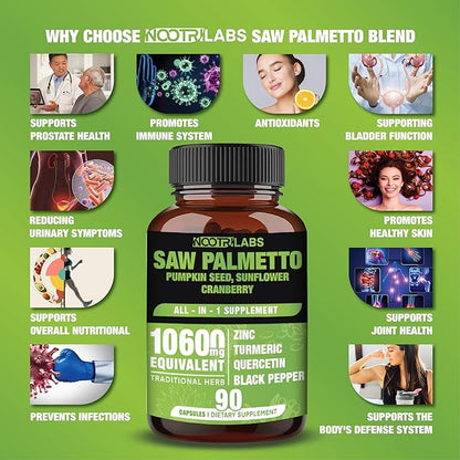 All-in-1 10600mg Highest Potency Saw Palmetto, Pumpkin seed, Sunflower, Cranberry, Turmeric, Quercetin, Zinc, Black Pepper - Immune, Antioxidant, Prostate & Joint Health Support - 90 Vegan Capsules