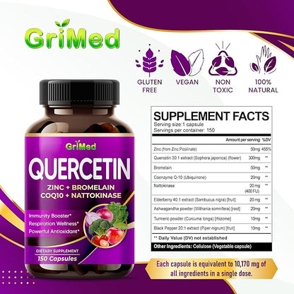 Quercetin 19,800mg - X15 Power with Zinc, Bromelain, CoQ10 + Nattokinase -Immunity Booster, Powerful Antioxidant - Made in USA (150 Count (Pack of 1))