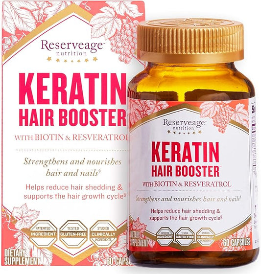 Reserveage Beauty, Keratin Hair Booster with Biotin & Resveratrol, Hair and Nail Growth Supplement for Men and Women, Supports Healthy Thickness and Shine with Biotin, 60 Capsules (30 Servings)