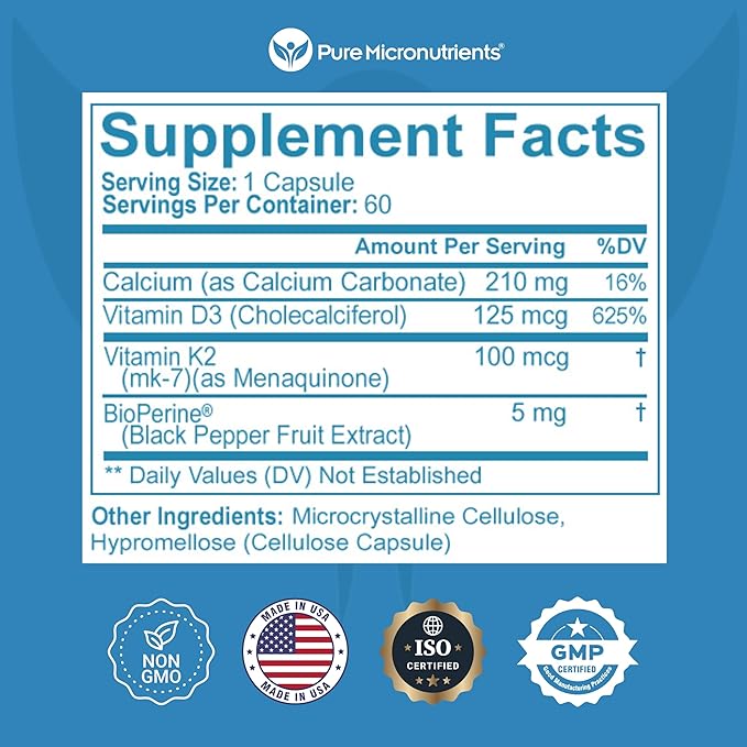 Pure Micronutrients Vitamin D3 K2 Supplement | MK7 100mcg, D3 5000 iu, Calcium + BioPerine | Muscle & Bone Health, Heart, Immunity & Energy Support | VEGAN | 60 capsules