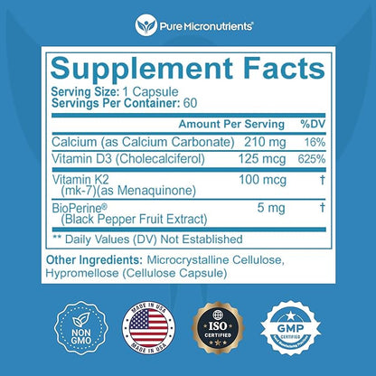 Pure Micronutrients Vitamin D3 K2 Supplement | MK7 100mcg, D3 5000 iu, Calcium + BioPerine | Muscle & Bone Health, Heart, Immunity & Energy Support | VEGAN | 60 capsules