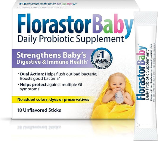 Florastor Baby Daily Probiotic Supplement, Powder Mixes with Milk, Formula or Soft Foods, Saccharomyces Boulardii CNCM I-745 (18 Powder Sticks)