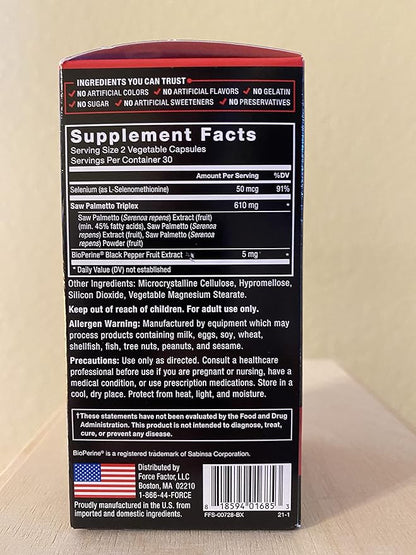 Force Factor Saw Palmetto for Men, Saw Palmetto Extract for Prostate Health, Urinary Function, & Hair Growth, Fast-Acting Formula with BioPerine for Superior Absorption, 60 Capsules