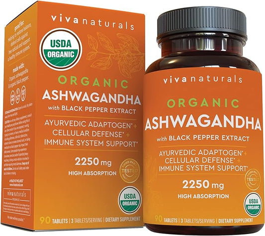 Viva Naturals Organic Ashwagandha Supplement with Black Pepper - Includes 2250 mg Ashwagandha Root Powder & Organic Black Pepper for Superior Absorption (90 Tablets), Antioxidant & Immune Support