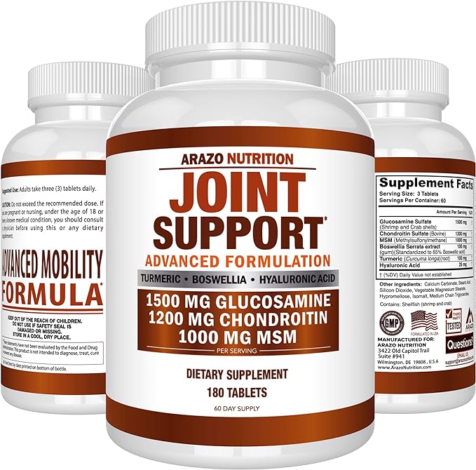 Glucosamine Chondroitin Turmeric Msm Boswellia - Joint Support Supplement for Relief 180 Tablets for Bones, Back, Knees, Hands - Arazo Nutrition