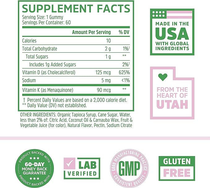 Zhou Nutrition Vitamin D3 K2 Gummies, Bone and Heart Health Formula 5000 IU Vitamin D3 & 90 mcg Vitamin K2, Max Strength 2 in 1 Immune Support and Calcium Absorption, Gluten Free, Strawberry, 60 Count