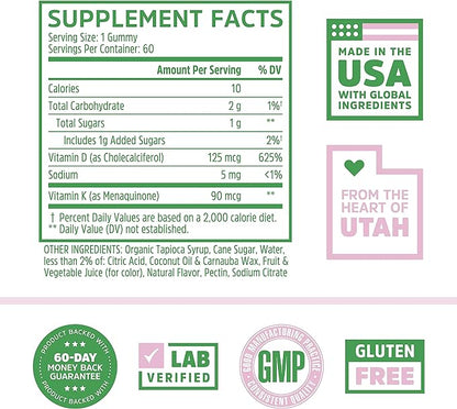 Zhou Nutrition Vitamin D3 K2 Gummies, Bone and Heart Health Formula 5000 IU Vitamin D3 & 90 mcg Vitamin K2, Max Strength 2 in 1 Immune Support and Calcium Absorption, Gluten Free, Strawberry, 60 Count