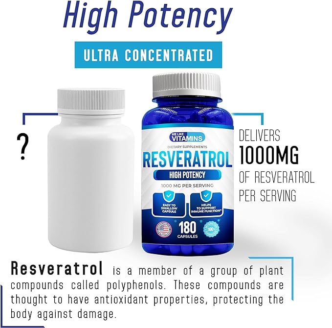 We Like Vitamins Resveratrol 1000mg per Serving - 180 Easy to Swallow Veggie Capsules - Natural Resveratrol Supplement 1000mg - Antioxidant Supplement Helps Support Anti-Aging and Immune System