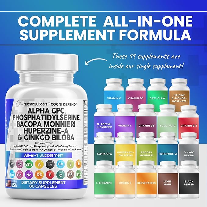 Clean Nutraceuticals Alpha GPC Choline 300mg Phosphatidylserine 3000mg Bacopa Monnieri 6000mg Ginkgo Biloba 2000mg Huperzine A 400mcg Supplement with Urdine Lions Mane Cats Claw NAC Vitamin C B D E