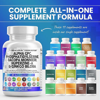 Clean Nutraceuticals Alpha GPC Choline 300mg Phosphatidylserine 3000mg Bacopa Monnieri 6000mg Ginkgo Biloba 2000mg Huperzine A 400mcg Supplement with Urdine Lions Mane Cats Claw NAC Vitamin C B D E