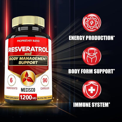 Trans Resveratrol Supplement with Grape Seed, Milk Thistle, and More - Resveratrol 1000mg Organic - 6 Herbal Supports for Immune System, Heart Health, Body Management & Joint Health - 90 Capsules