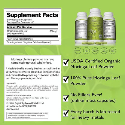 Organic Moringa Capsules - Vibrant Green | Moringa Capsules Organic | 100% Pure Moringa Leaf Capsules | Energy & Immune System Support